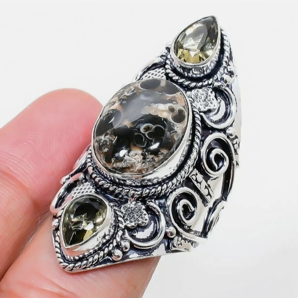 New Turtella Agate Fossil and Smoky Quartz 925 Silver Statement Ring. - Picture 4 of 7